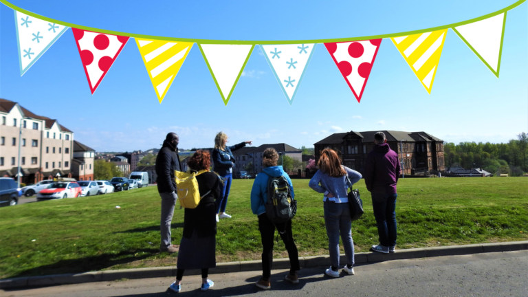 Community group standing on a greenspace in an urban area. Coulourful bunting super-imposed onto the image.